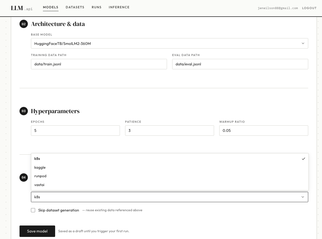 Model selection in the LLM management UI